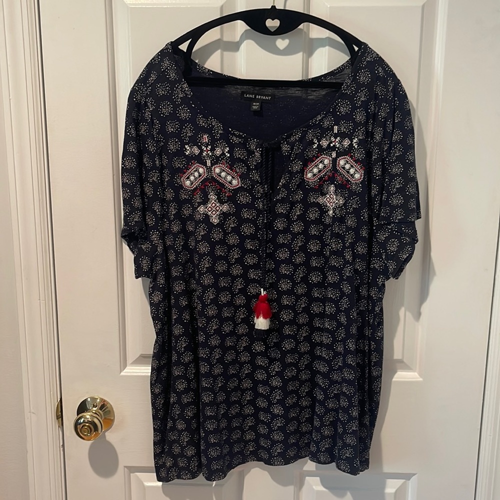 Lane Bryant Navy Embroidered tassel tee 18/20